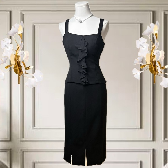 Vintage Dresses & Skirts - Vintage Juliana Collezione Black 2pc Ruffled Vest & Midi Length Pencil Skirt Set